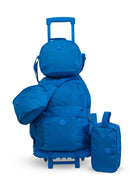 Kit escolar x4 mochila + lonchera + cartuchera + canguro color azul