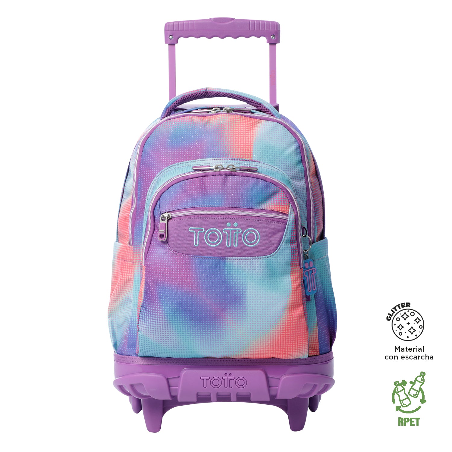 Morral Ruedas Niña Porta PC 15.4" Renglones Glitter Morado
