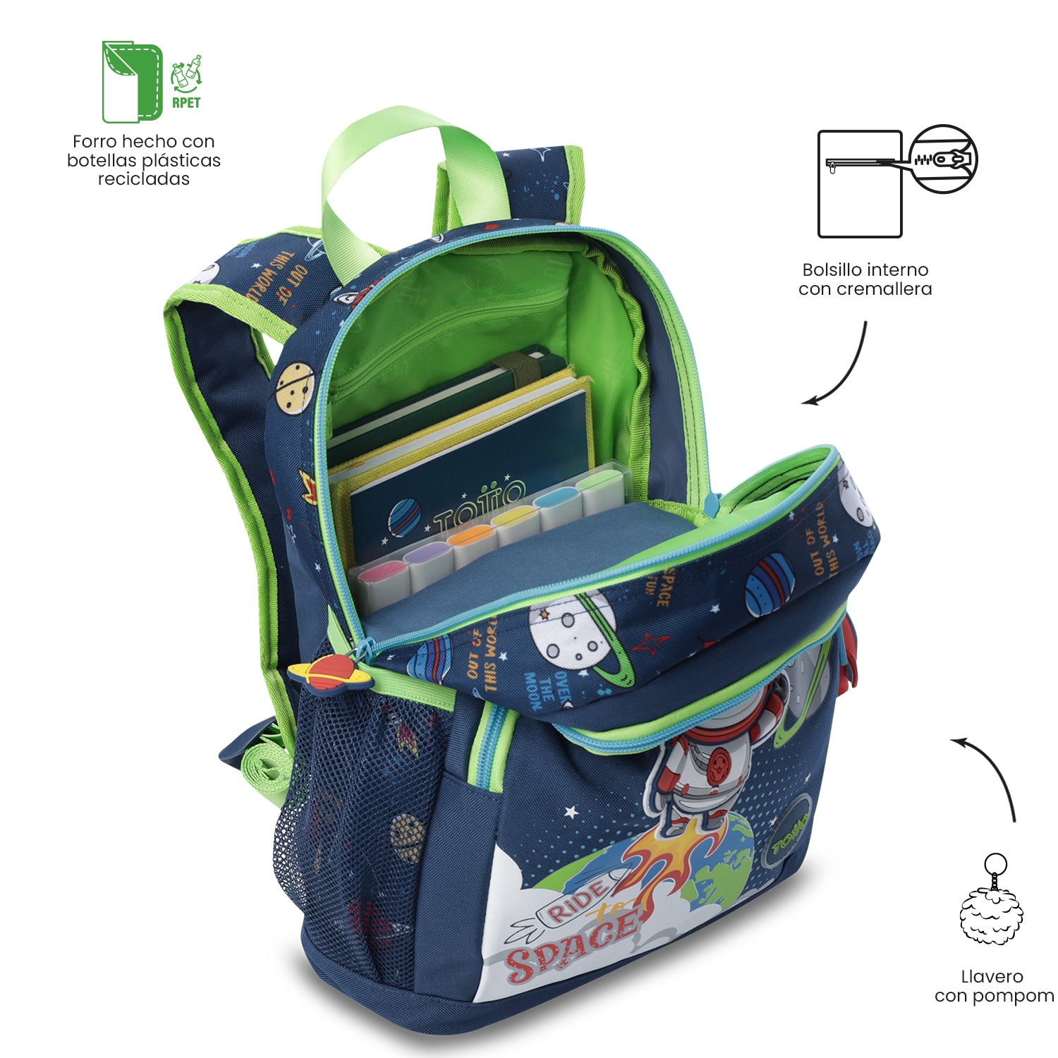 Morral + Libro Para Colorear Panda Space para Niño Mediano Azul